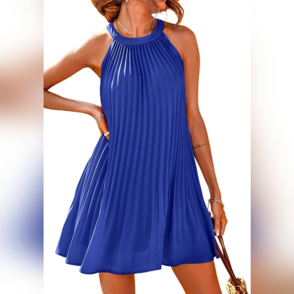 Blue Pleated Halter Sundress for Wedding Guests